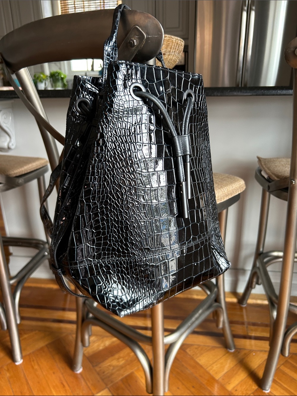 Opening Ceremony Black Croc-Embossed Drawstring Bucket Bag/Backpack